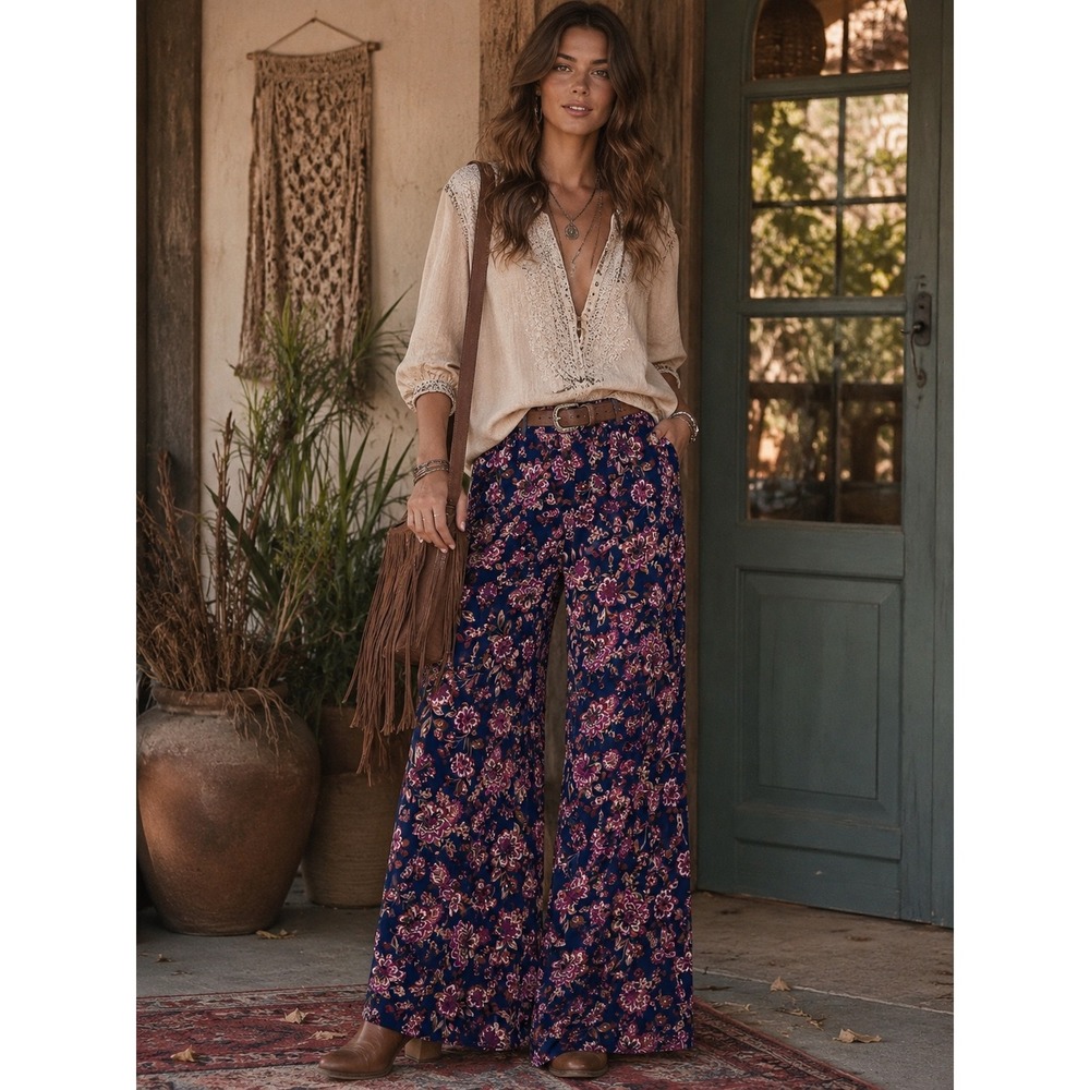 Vince Camuto Women Floral Wide Leg Pant Large Blue Pink Boho Resort Romantic